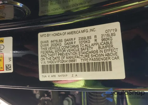 2019 Honda Accord Sport из США, поврежденный, VIN 1HGCV1F32KA139681